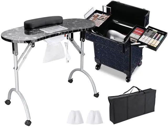 Alt view image 3 of 7 - Byootique Manicure Table Nail Desk & Rolling Makeup Train Case Kit Mermaid Black