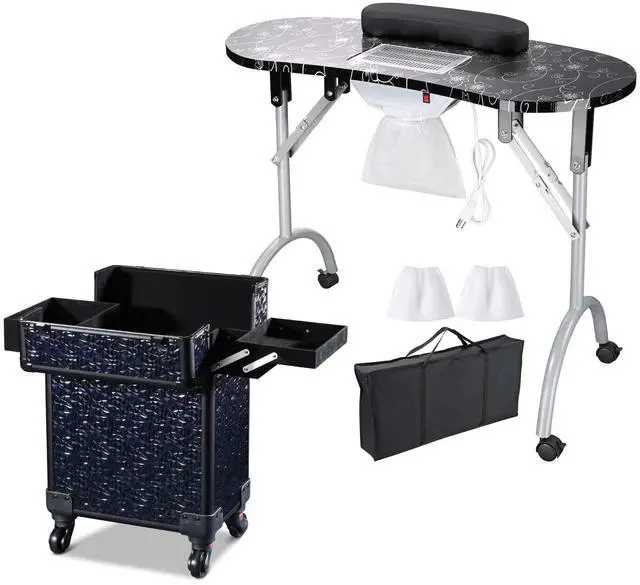Alt view image 2 of 7 - Byootique Manicure Table Nail Desk & Rolling Makeup Train Case Kit Mermaid Black