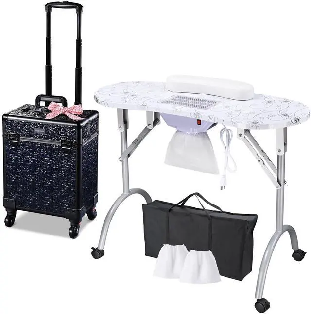 Main image of Byootique Manicure Table Nail Desk & Rolling Makeup Train Case Kit Salon Mermaid