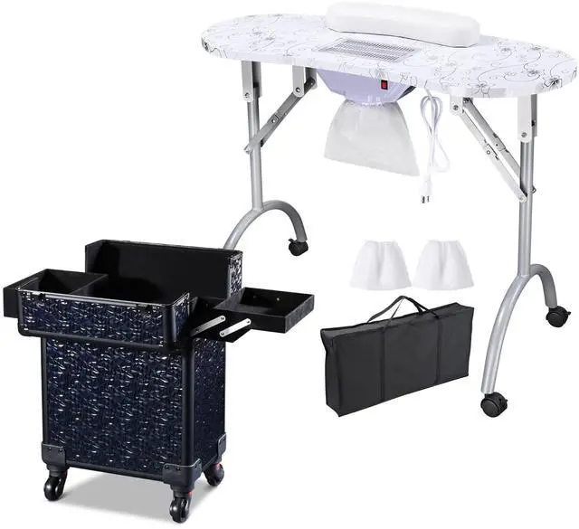 Alt view image 2 of 7 - Byootique Manicure Table Nail Desk & Rolling Makeup Train Case Kit Salon Mermaid