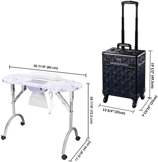 Alt view image 3 of 7 - Byootique Manicure Table Nail Desk & Rolling Makeup Train Case Kit Salon Mermaid