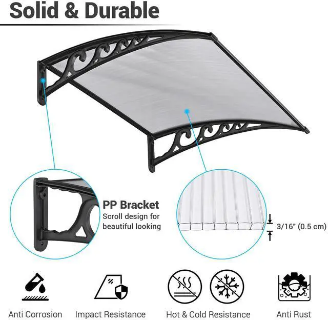 Alt view image 4 of 7 - Yescom 2Pcs 40"x40" Door Window Awning Whole One-piece Polycarbonate UV30+ Outdoor Rain Snow Protection White Board