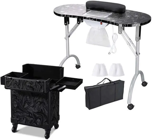 Alt view image 2 of 7 - Byootique Manicure Table Nail Desk & Rolling Makeup Train Case Kit CB Shadows