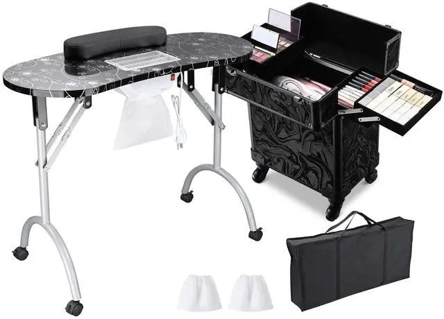 Alt view image 3 of 7 - Byootique Manicure Table Nail Desk & Rolling Makeup Train Case Kit CB Shadows