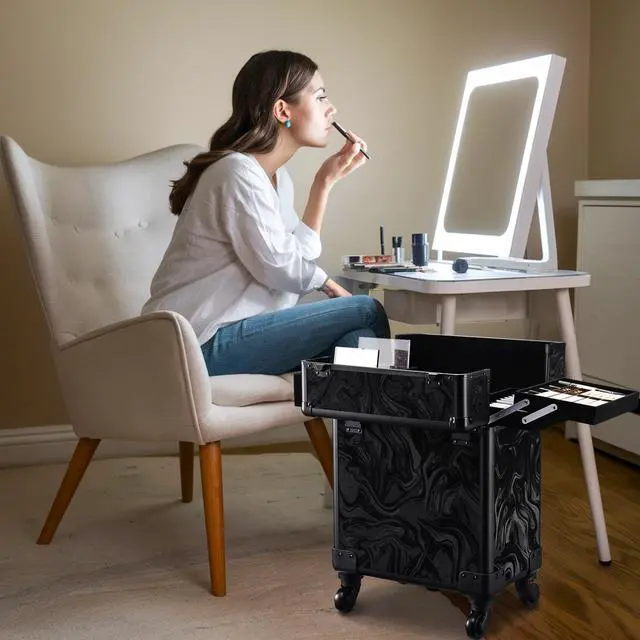 Alt view image 7 of 7 - Byootique Manicure Table Nail Desk & Rolling Makeup Train Case Kit CB Shadows