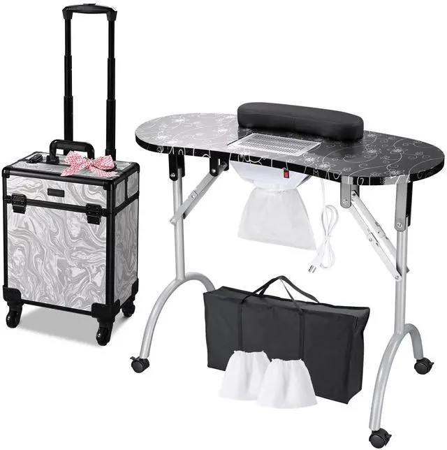 Main image of Byootique Manicure Table Nail Desk & Rolling Makeup Train Case Kit CB Graystone