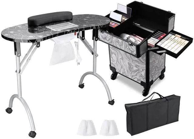 Alt view image 3 of 7 - Byootique Manicure Table Nail Desk & Rolling Makeup Train Case Kit CB Graystone