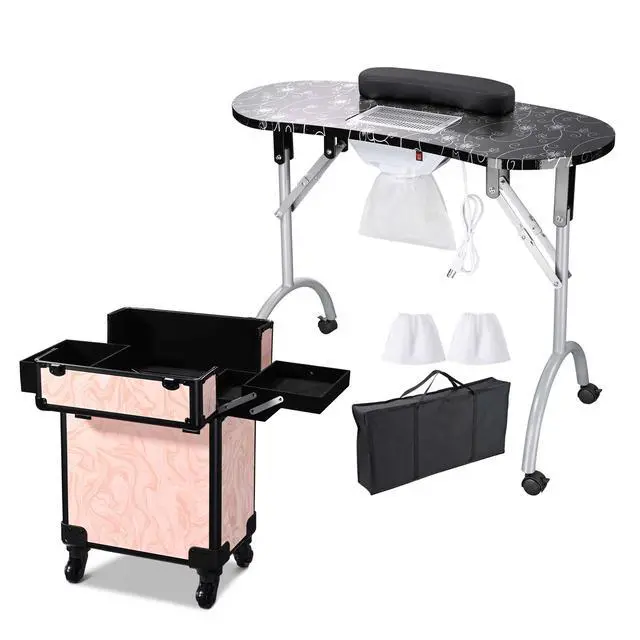 Alt view image 2 of 7 - Byootique Manicure Table Nail Desk & Rolling Makeup Train Case Kit Salon CB Dusk