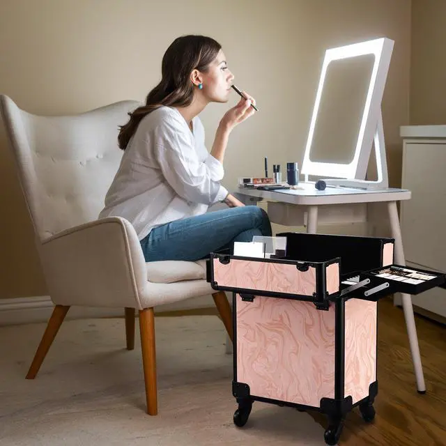 Alt view image 7 of 7 - Byootique Manicure Table Nail Desk & Rolling Makeup Train Case Kit Salon CB Dusk