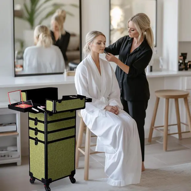 Alt view image 4 of 7 - Byootique 4in1 Rolling Makeup Train Case Cosmetic Organizer Wheel Rococo Moss