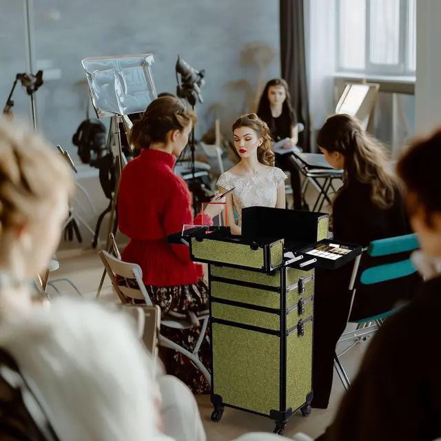 Alt view image 5 of 7 - Byootique 4in1 Rolling Makeup Train Case Cosmetic Organizer Wheel Rococo Moss