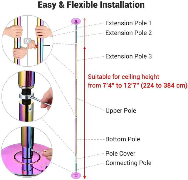 Alt view image 2 of 7 - Yescom 12 FT Stripper Pole Spinning Static Dancing Pole Kit with Extensions for Fitness Party Club Dance Exercise Home Gym , Colorful