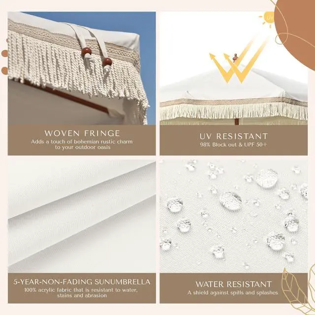 Alt view image 3 of 6 - LAGarden 7 Ft Fringe Umbrella Replacement Canopy Top Cover Boho Outdoor Garden,Beige with Tassels,BH7W-01PC