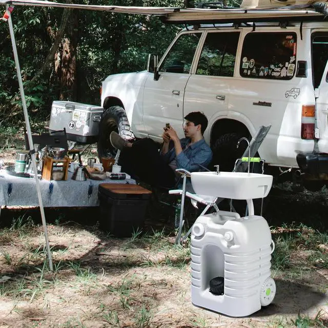 Alt view image 2 of 7 - Yescom  45L Portable Camping Sink with Soap Dispenser & Towel Holder with Pump Safe Mobile Sink for RV Travel Outdoor