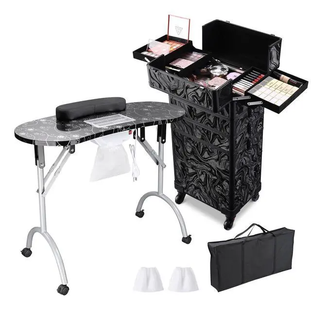 Alt view image 3 of 7 - Byootique Folding Manicure Nail Table 4in1 Rolling Makeup Train Case CB Shadows