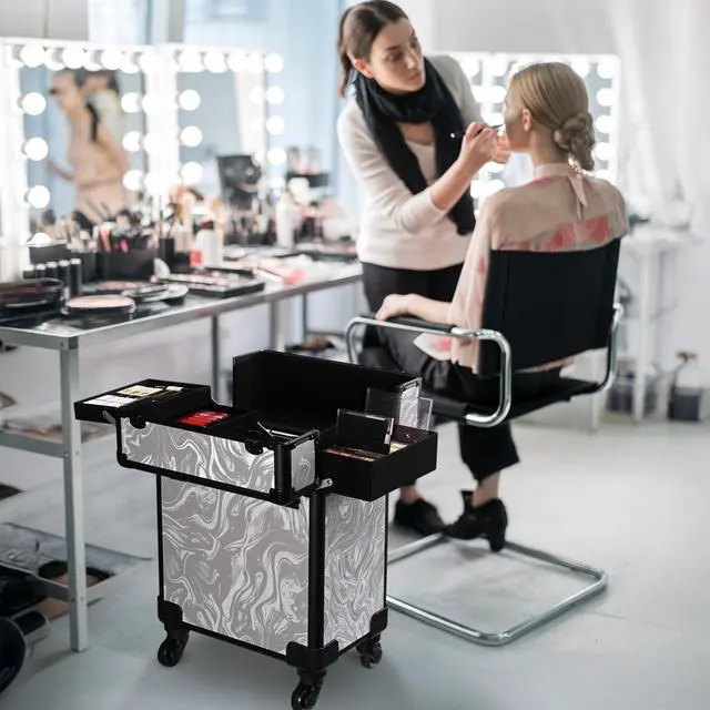 Alt view image 7 of 7 - Byootique Manicure Table Nail Desk & Rolling Makeup Train Case Kit CB Graystone