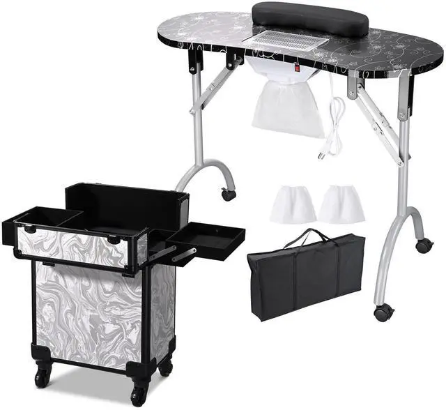 Alt view image 2 of 7 - Byootique Manicure Table Nail Desk & Rolling Makeup Train Case Kit CB Graystone