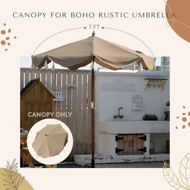 Alt view image 2 of 6 - LAGarden 7 Ft Fringe Umbrella Replacement Canopy Top Cover Boho Outdoor UPF50+,Khaki with Fringe,BH7W-10