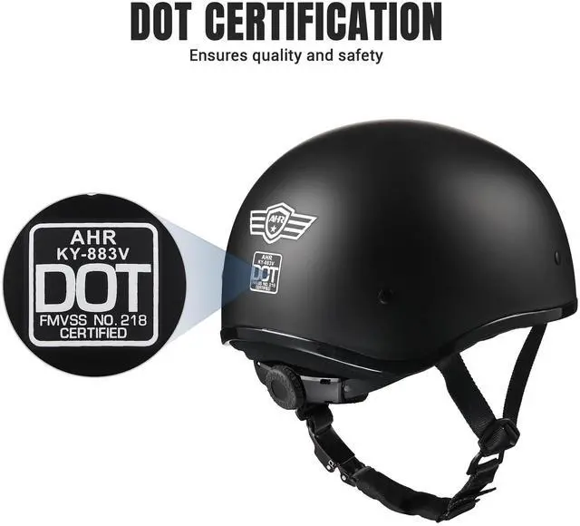 Alt view image 4 of 7 - AHR Half Face Motorcycle Helmet Sun Visor DOT Approved Bike Chopper Matte Black