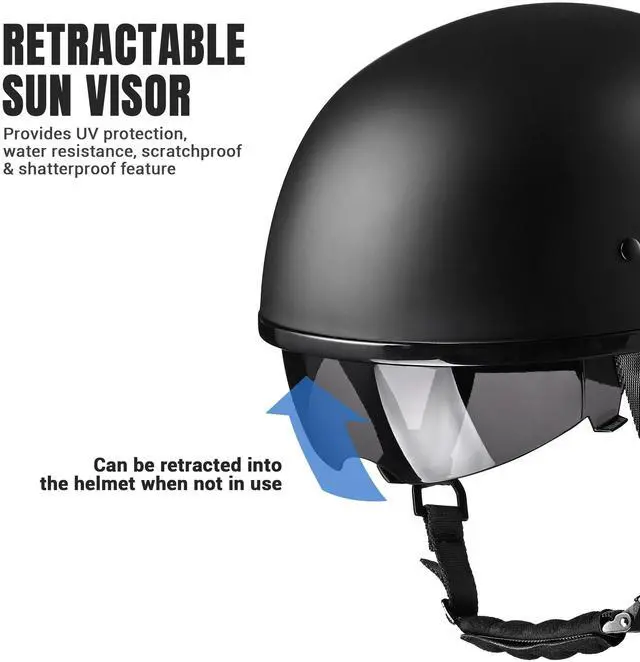 Alt view image 6 of 7 - AHR Half Face Motorcycle Helmet Sun Visor DOT Approved Bike Chopper Matte Black