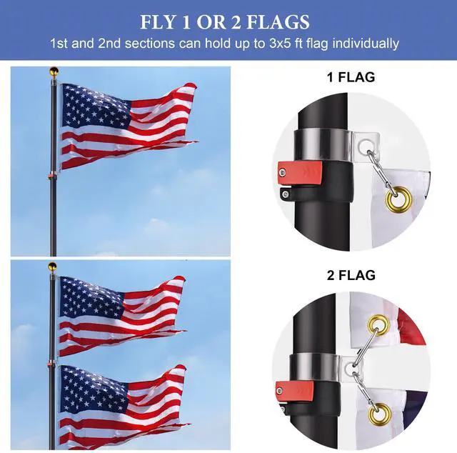 Alt view image 4 of 7 - Yescom EZ GO 20Ft Telescopic Flag Pole Kit with Solar Light & Tire Mount Base for Tailgate Outside, Black
