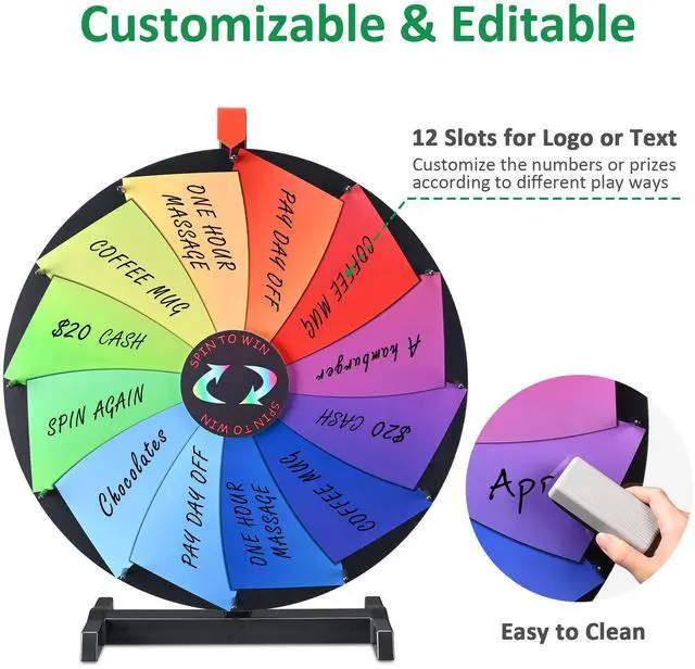 Alt view image 3 of 7 - WinSpin 24" Editable Color Prize Wheel Dry Erase Fortune Spin Game Carnival Tabletop Stand 12 Slots