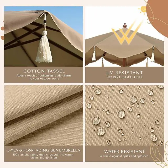 Alt view image 3 of 6 - LAGarden 7 Ft Fringe Umbrella Replacement Canopy Top Cover Boho Outdoor UPF50+,Khaki with Fringe,BH7W-10