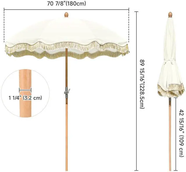 Alt view image 7 of 7 - LAGarden 6 Ft Fringe Patio Umbrella with Tassel Jazz Age Wood UPF50+ for Outdoor, Beige with gold tassel,Model: JZ6-01