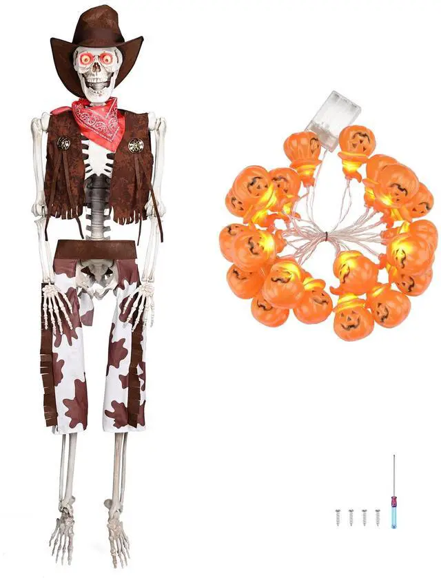 Alt view image 2 of 5 - Yescom Life Size Skeleton Poseable with Halloween Lights, Full Size Western Cowboy Skeleton with Glowing Eyes 5.4 Ft for Halloween Party Decorations Haunted House Props 2025