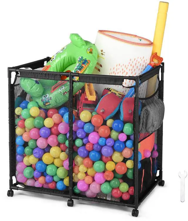 Main image of Yescom Metal Frame 6 Wheels Large Mesh Pool Storage Bin Netting Organizer, 37"x24"x35" Rolling Storage Cart, Upgrade Sturdy Connector, Extra Large Side Pockets for Float Goggles Container, Black