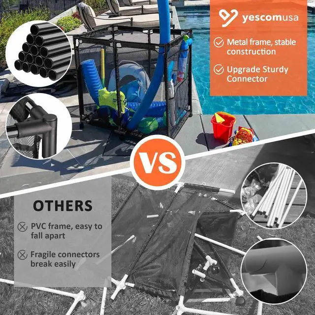 Alt view image 2 of 6 - Yescom Metal Frame 6 Wheels Large Mesh Pool Storage Bin Netting Organizer, 37"x24"x35" Rolling Storage Cart, Upgrade Sturdy Connector, Extra Large Side Pockets for Float Goggles Container, Black