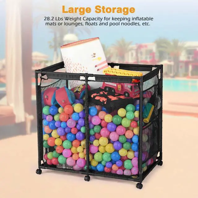 Alt view image 5 of 6 - Yescom Metal Frame 6 Wheels Large Mesh Pool Storage Bin Netting Organizer, 37"x24"x35" Rolling Storage Cart, Upgrade Sturdy Connector, Extra Large Side Pockets for Float Goggles Container, Black