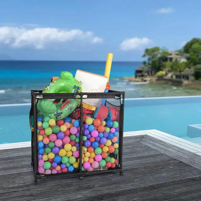 Alt view image 6 of 6 - Yescom Metal Frame 6 Wheels Large Mesh Pool Storage Bin Netting Organizer, 37"x24"x35" Rolling Storage Cart, Upgrade Sturdy Connector, Extra Large Side Pockets for Float Goggles Container, Black