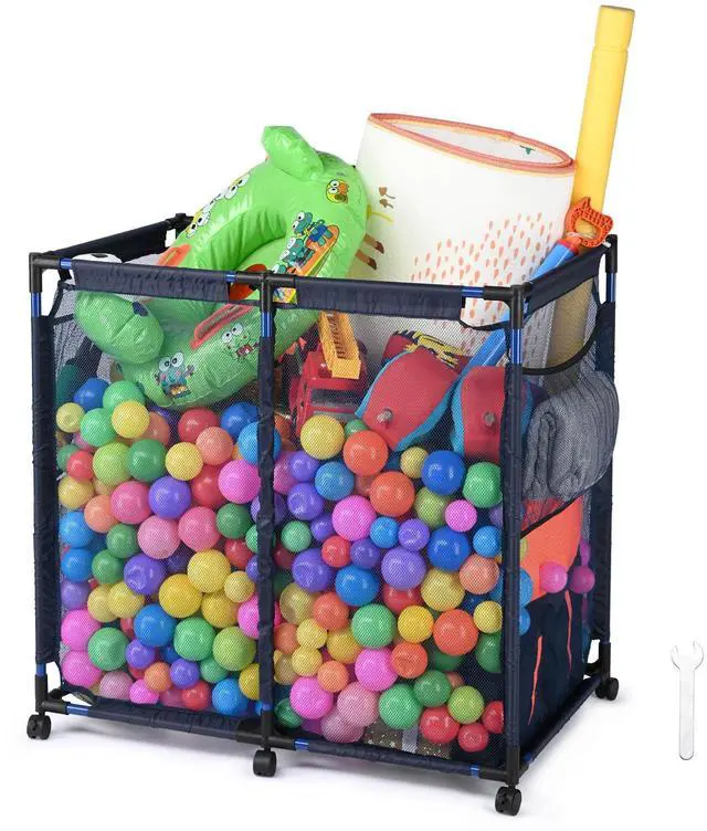 Main image of Yescom Metal Frame 6 Wheels Large Mesh Pool Storage Bin Netting Organizer, 37"x24"x35" Rolling Storage Cart, Upgrade Sturdy Connector, Extra Large Side Pockets for Float Goggles Container, Blue