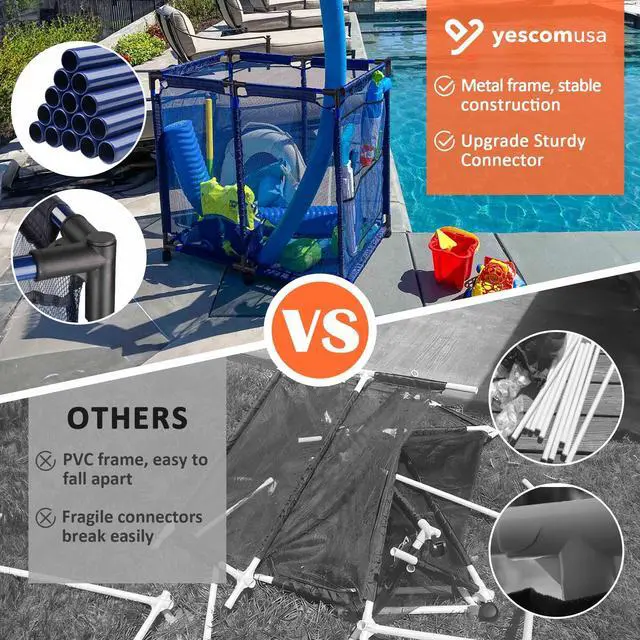 Alt view image 2 of 7 - Yescom Metal Frame 6 Wheels Large Mesh Pool Storage Bin Netting Organizer, 37"x24"x35" Rolling Storage Cart, Upgrade Sturdy Connector, Extra Large Side Pockets for Float Goggles Container, Blue