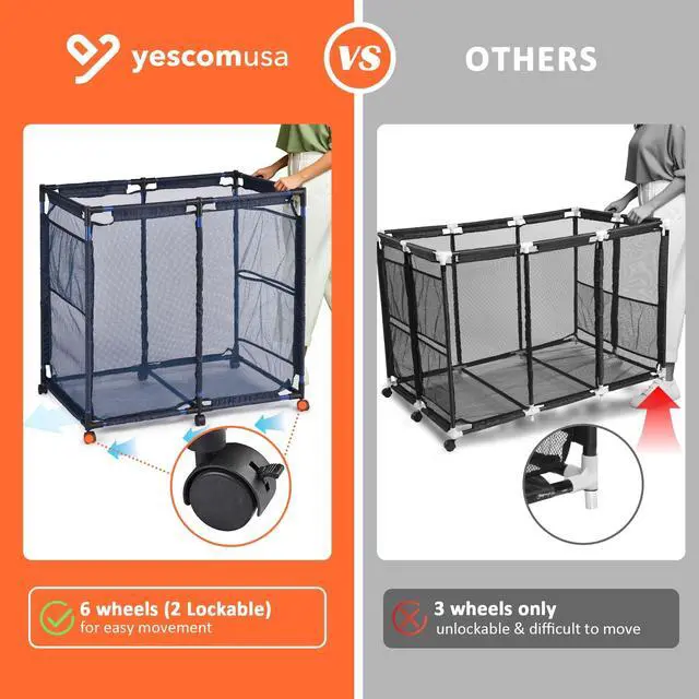 Alt view image 4 of 7 - Yescom Metal Frame 6 Wheels Large Mesh Pool Storage Bin Netting Organizer, 37"x24"x35" Rolling Storage Cart, Upgrade Sturdy Connector, Extra Large Side Pockets for Float Goggles Container, Blue