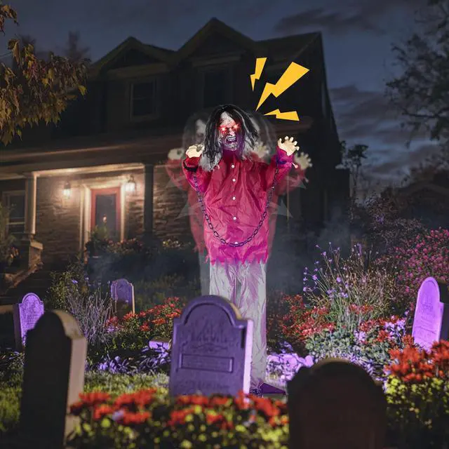 Alt view image 6 of 7 - Yescom Animated Halloween Zombie Decoration 5.5Ft Life Size with Motion/Sound Activated Glowing Eyes 2025