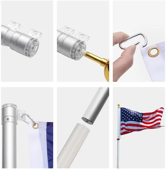 Alt view image 3 of 7 - EZ GO 25 Ft Telescopic Flag Pole Kit with 26 LED Solar Light US Flag Gold Ball