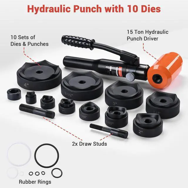 Alt view image 4 of 7 - Yescom 15 Ton Hydraulic Knockout Punch set with 1/2" to 4" 10-Die Hole Puncher Steel Case Heavy Duty