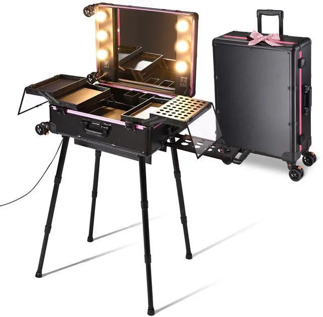 Main image of Byootique Rolling Makeup Case with Bulb Mirror Adjustable Leg Detachable Wheel