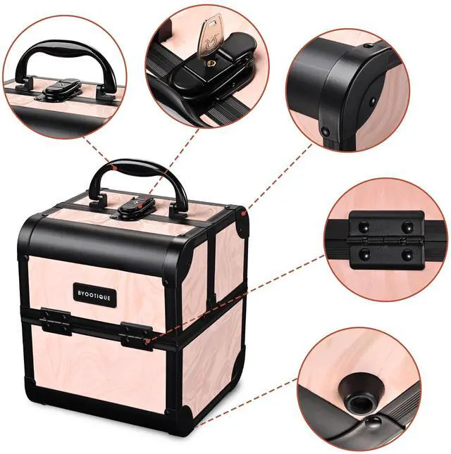 Alt view image 7 of 7 - Byootique Rolling Makeup Train Case Trolley w/ Cube Case Cosmetic Organizer Pink
