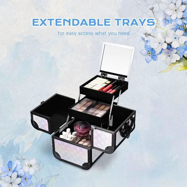 Alt view image 6 of 7 - Byootique Rolling Makeup Train Case w/ Cube Case Cosmetic Organizer ForgetMeNot