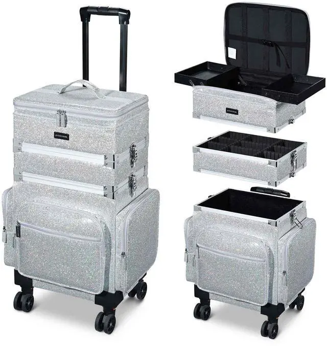 Main image of Byootique 3in1 Soft Sided Rolling Makeup Case Cosmetic With Removable Divider For Makeup Artist Nail Artist Glitter Silver