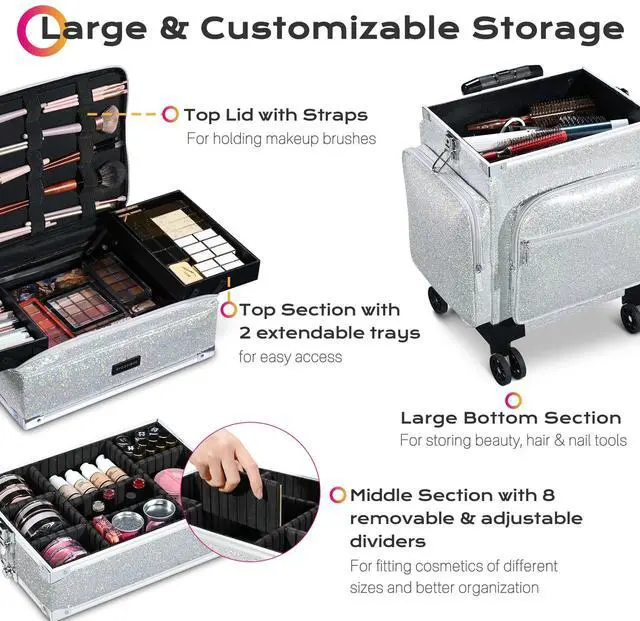 Alt view image 3 of 7 - Byootique 3in1 Soft Sided Rolling Makeup Case Cosmetic With Removable Divider For Makeup Artist Nail Artist Glitter Silver