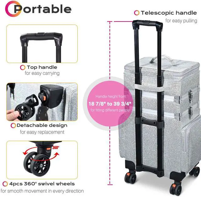 Alt view image 4 of 7 - Byootique 3in1 Soft Sided Rolling Makeup Case Cosmetic With Removable Divider For Makeup Artist Nail Artist Glitter Silver