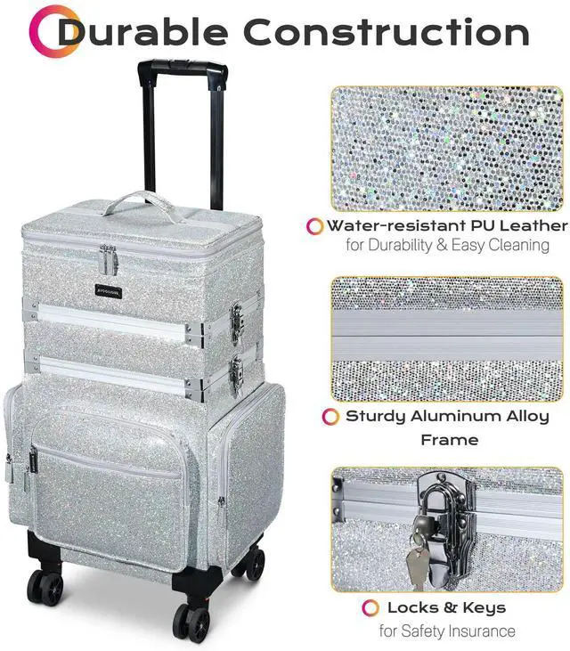 Alt view image 5 of 7 - Byootique 3in1 Soft Sided Rolling Makeup Case Cosmetic With Removable Divider For Makeup Artist Nail Artist Glitter Silver