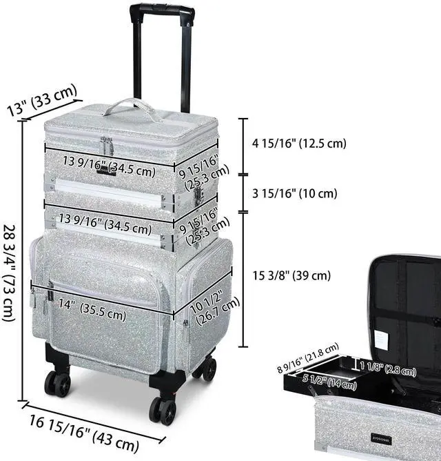 Alt view image 6 of 7 - Byootique 3in1 Soft Sided Rolling Makeup Case Cosmetic With Removable Divider For Makeup Artist Nail Artist Glitter Silver