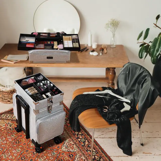 Alt view image 7 of 7 - Byootique 3in1 Soft Sided Rolling Makeup Case Cosmetic With Removable Divider For Makeup Artist Nail Artist Glitter Silver