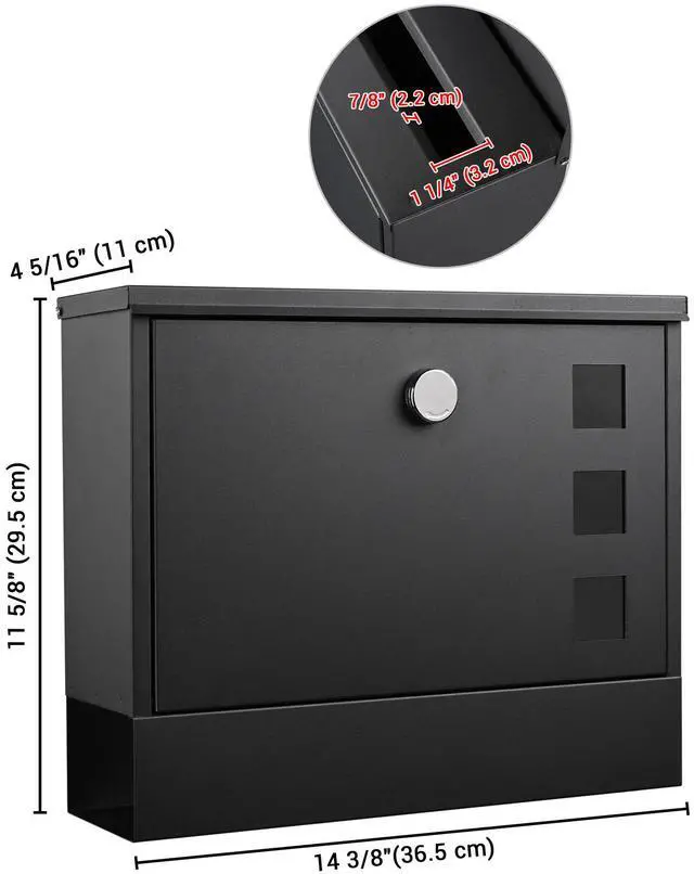 Alt view image 6 of 7 - Yescom Large Wall Mount Steel Mail Box Lockable Letterbox w/ Door & 2 Keys Home Post Security Outdoor, Black