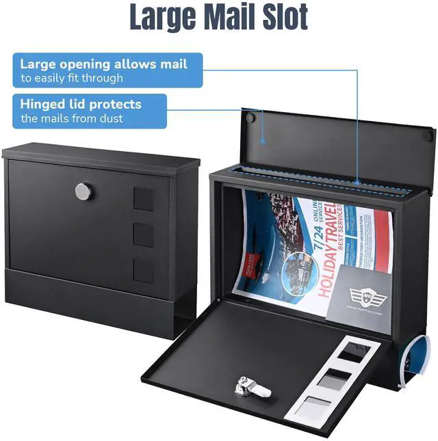 Alt view image 5 of 7 - Yescom Large Wall Mount Steel Mail Box Lockable Letterbox w/ Door & 2 Keys Home Post Security Outdoor, Black